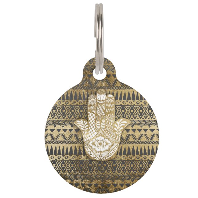 Placa Para Mascotas Falsa mano de Hamsa del oro de la impresión y (Reverso)