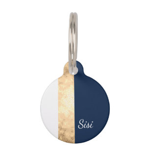 Placa Para Mascotas falso oro elegante, azul marino, rayas blancas