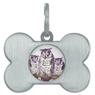 Placa Para Mascotas Familia de búhos geométricos con estilo morado