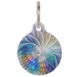 Placa Para Mascotas Fantasía floral, flor fractal abstracta colorida