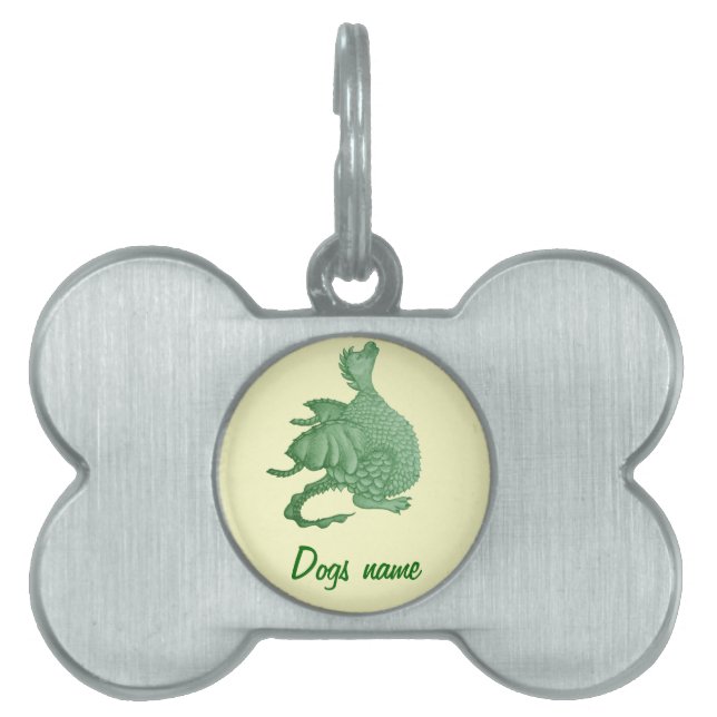 Placa Para Mascotas fantasía mítica criatura dragón verde lindo (Frente)