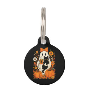 Placa Para Mascotas Fantasma de Halloween Groovy sosteniendo Floral de
