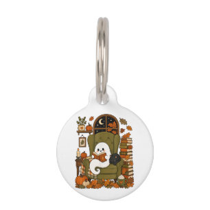 Placa Para Mascotas Fantasma Lindo Leyendo Libro Gato Negro Otoño Cala