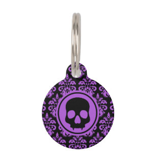 Placa Para Mascotas Fantasmagórico negro púrpura del cráneo lindo