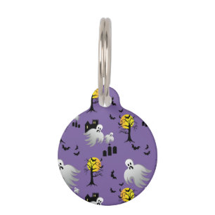 Placa Para Mascotas Fantasmas de la Luna Llena de Halloween en púrpur