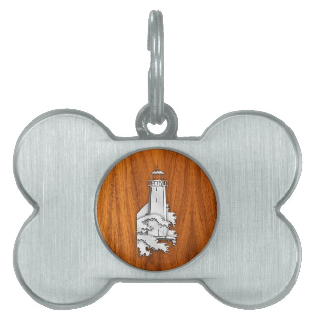 Placa Para Mascotas Faro plateado al estilo de madera de teca (Frente)