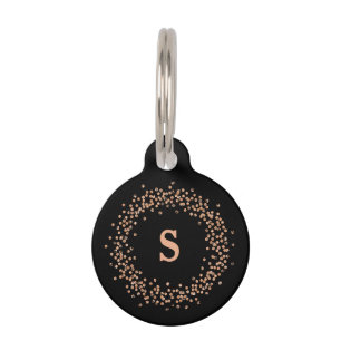 Placa Para Mascotas Faux Rosa Gold Confetti en negro Monograma