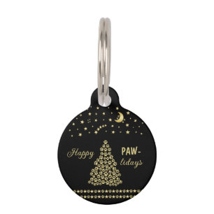 Placa Para Mascotas Felices Pawlidays, árbol de navidad Gold brillante