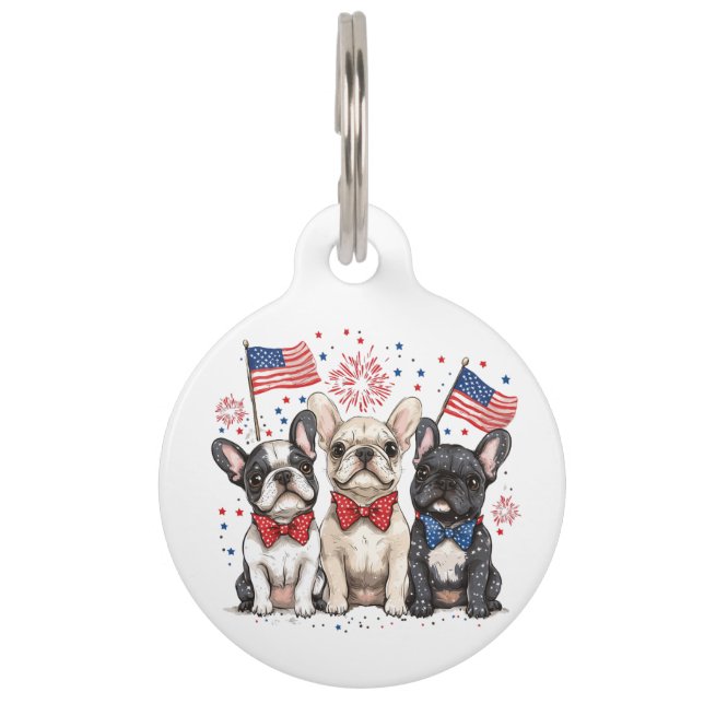 Placa Para Mascotas Feliz 4 de Julio Bulldogs Franceses (Anverso)