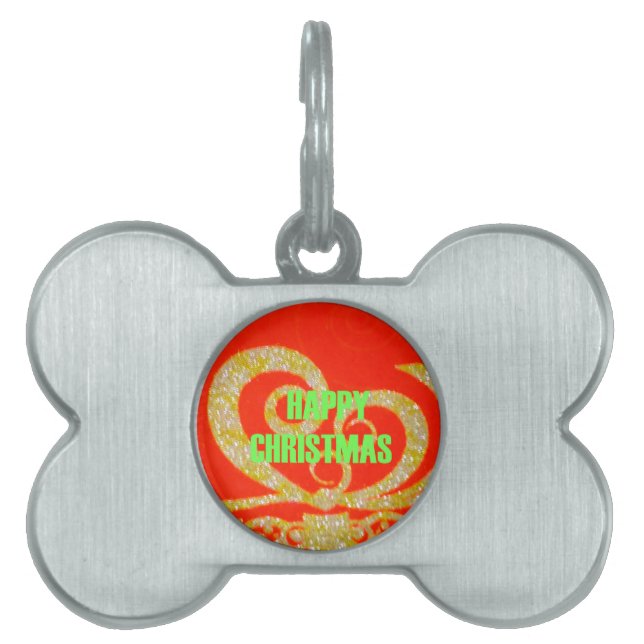Placa Para Mascotas Feliz Colección de Navidades Rojo y Oro. (Frente)
