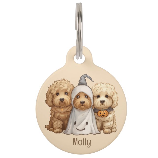 Placa Para Mascotas Feliz Halloween Goldendoodle Dogs (Anverso)