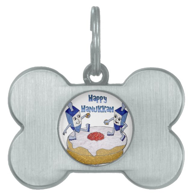 Placa Para Mascotas Feliz Hanukkah Dancing Dreidels Jelly Doughnut (Frente)