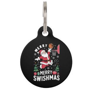 Placa Para Mascotas Feliz Navidad con Swishmas Santa jugando baloncest