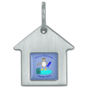Placa Para Mascotas Feliz Navidad Pesca Pingüino Personalizado Etiquet