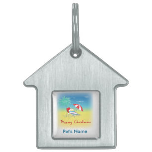 Placa Para Mascotas Feliz Navidad, Santa Hat, palmera, playa