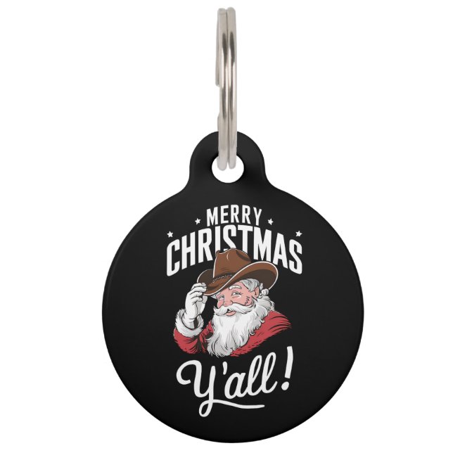 Placa Para Mascotas Feliz Navidad Y'all Country Cowboy Santa Claus (Anverso)