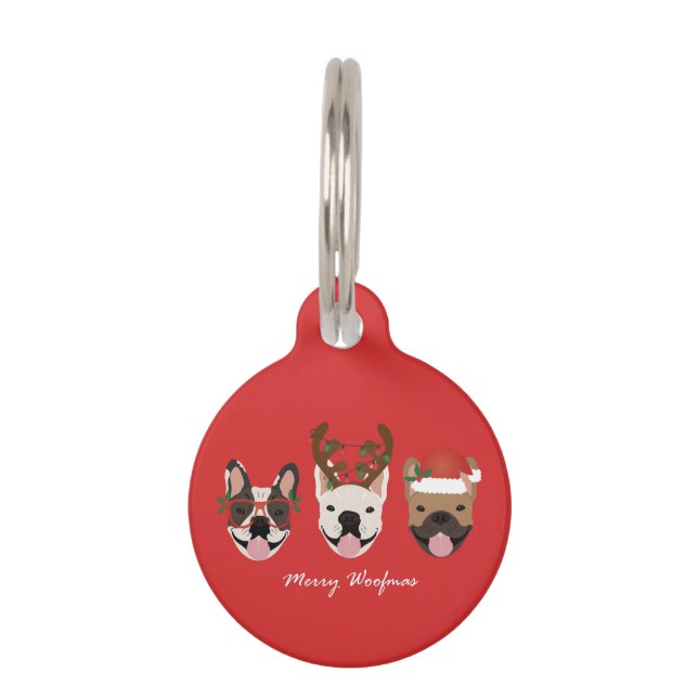 Placa Para Mascotas Feliz Woofmas Bulldogs Franceses Cabezas de Navida (Anverso)