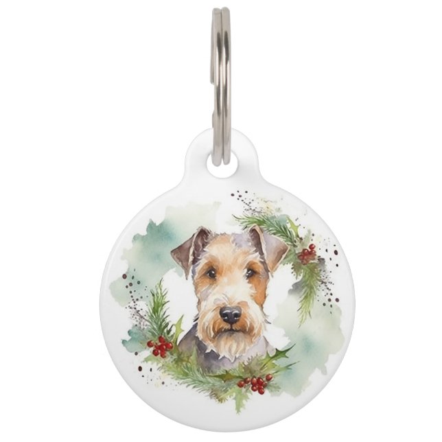 Placa Para Mascotas Festivo perro de Navidad Wirefox Terrier en corona (Anverso)