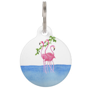 Placa Para Mascotas Flamenco pintado a mano de la acuarela rosada