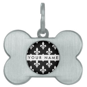 Placa Para Mascotas Fleur de Lis, Blanco sobre Negro, Blanco, Tu Nombr