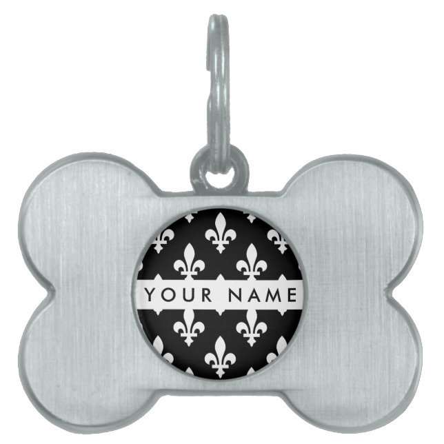 Placa Para Mascotas Fleur de Lis, Blanco sobre Negro, Blanco, Tu Nombr (Frente)