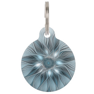 Placa Para Mascotas Flor abstracta alegre azul gris fractal floral