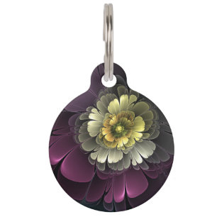 Placa Para Mascotas Flor abstracta moderna purpura caqui gris fractal