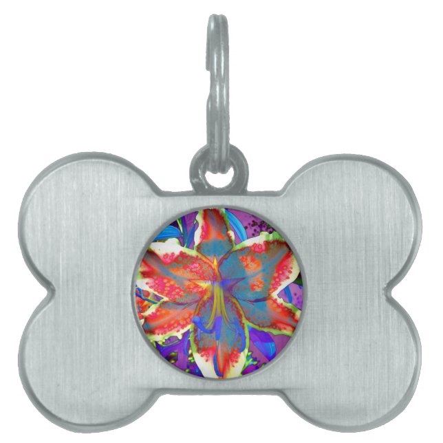 Placa Para Mascotas Flor azul retro abstracto elegante (Frente)