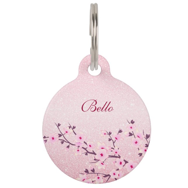 Placa Para Mascotas Flor de Cerezo Glitter Rosa Personalizado (Anverso)