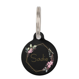 Placa Para Mascotas Flor de Cerezo Negra Elegante con Nombre Personali