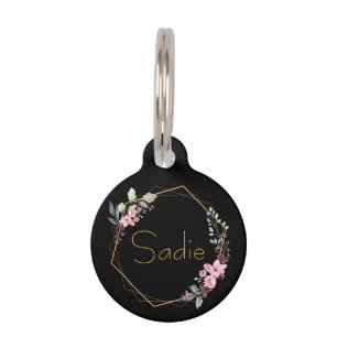 Placa Para Mascotas Flor de Cerezo Negra Elegante con Nombre Personali