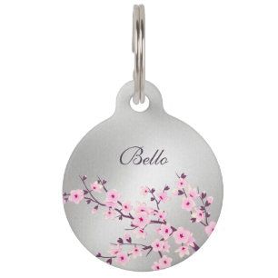 Placa Para Mascotas Flor de Cerezo Rosa Brillante Personalizado