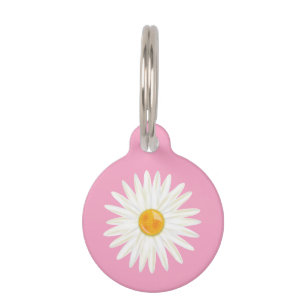 Placa Para Mascotas Flor de margarita ilustrada sobre rosa con la info