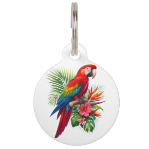 Placa Para Mascotas Flor tropical de macao rojo