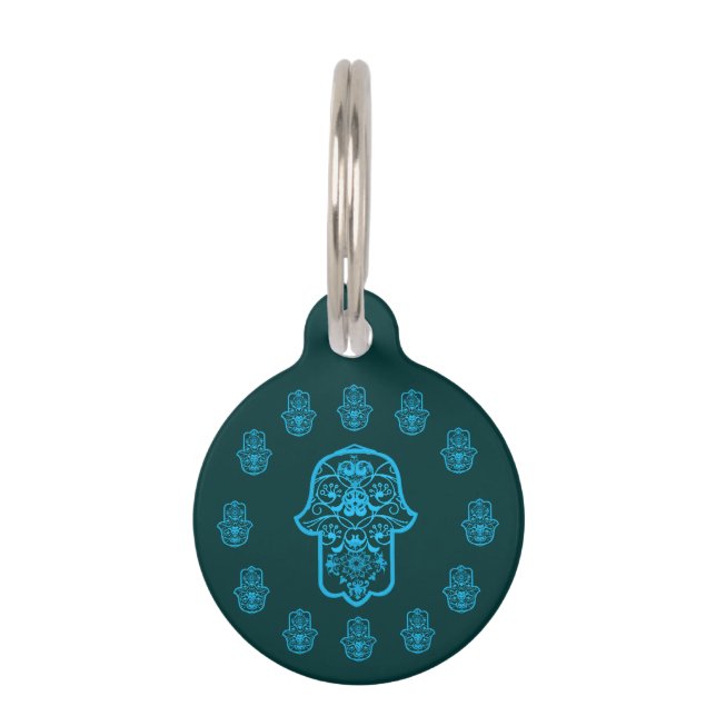 Placa Para Mascotas Floral Hamsa (Azul) (Anverso)