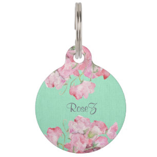 Placa Para Mascotas Floral rosado rústico en la arpillera de la verde
