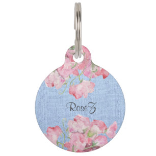 Placa Para Mascotas Floral rosado rústico en la arpillera del azul de