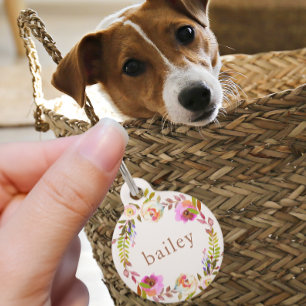 Placa Para Mascotas Floral rústica con nombre y teléfono de Mascota