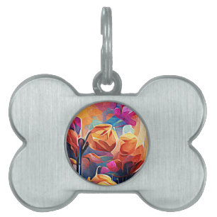 Placa Para Mascotas Flores azules rojas Naranja de arte Abstracto flor