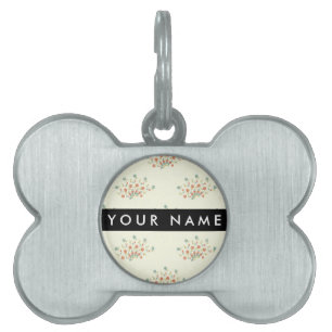 Placa Para Mascotas Flores Azules y Rojas, Negro, Tu Nombre