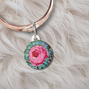 Placa Para Mascotas Flores Azules Y Rosa Rosa