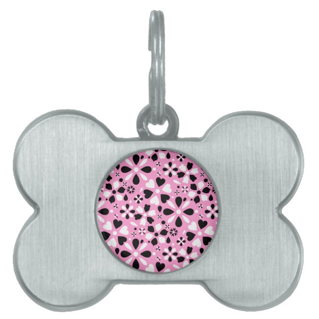 Placa Para Mascotas Flores blancas negras lindas (Frente)