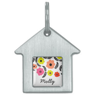 Placa Para Mascotas Flores brillantes modernas y hojas negras personal