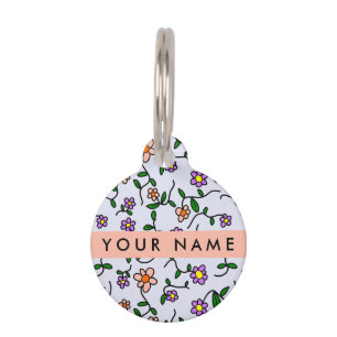 Placa Para Mascotas Flores Coloridas, Fondo Azul, Naranja