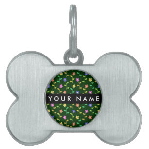 Placa Para Mascotas Flores Coloridas, Fondo Verde, Negro
