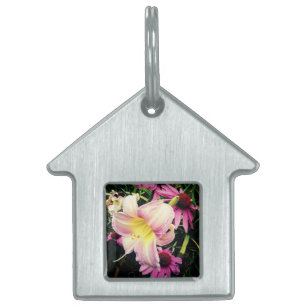 Placa Para Mascotas Flores crema y rosa