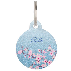 Placa Para Mascotas Flores de Cerezo Glitter Azul Agregar Nombre