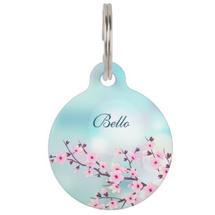 Placa Para Mascotas Flores de cerezo Personalización Turquesa Rosa