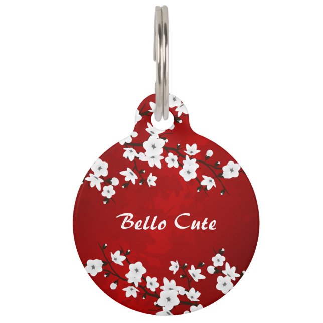 Placa Para Mascotas Flores de cerezo rojo negro y blanco (Anverso)