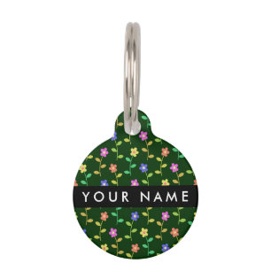 Placa Para Mascotas Flores de colores, fondo verde, negro
